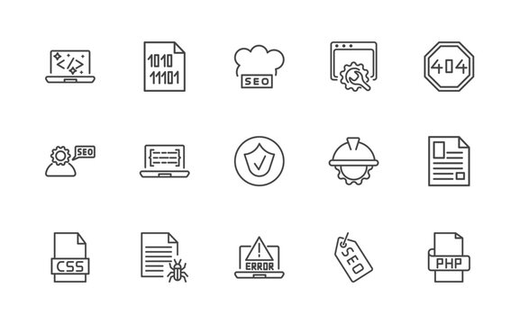 information technology icon set with clean code, binary file, seo cloud, php signs in flat outline style