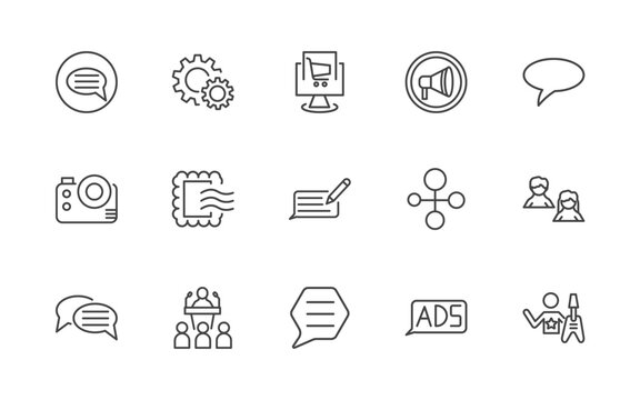 social media marketing icon set with suggestion, system, ecommerce, rocker signs in flat outline style
