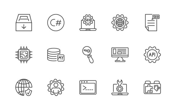 information technology icon set with archive, c sharp, seo badge, plugin signs in flat outline style