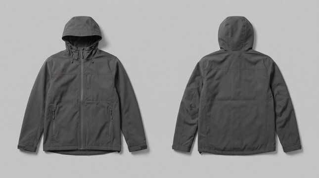 Charcoal Gray Men's Hooded Jacket Mockup - Front and Back Views for E-commerce Website, Apparel Branding, Fashion Catalog and Marketing Presentation