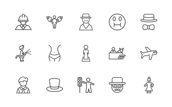 people and relation icon set with architect, grace, spanish man, bearded woman signs in flat outline style