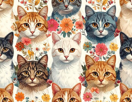 A repeating pattern showcasing various cat breeds with colorful floral accents on a cream background