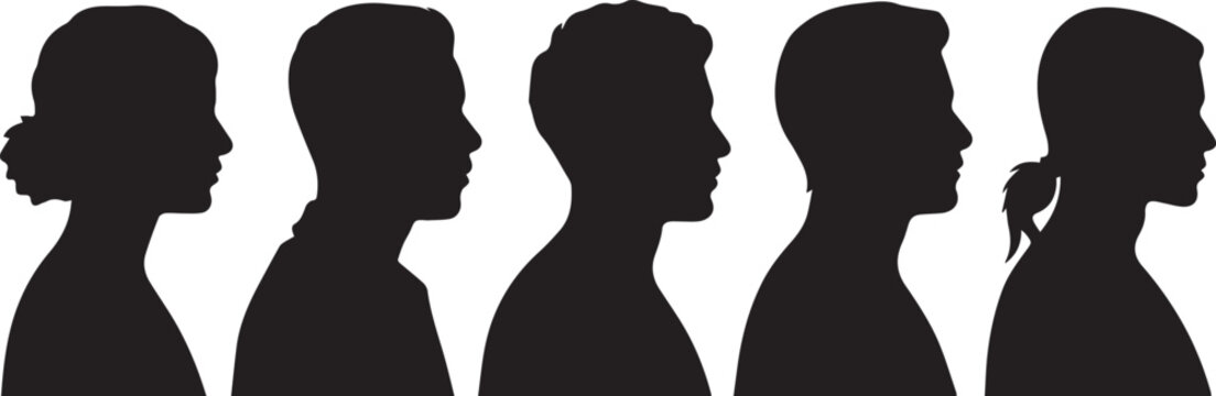 Silhouette of five people in a row isolated on white background