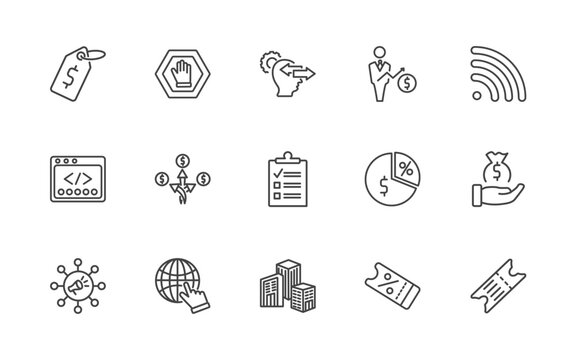 marketing icon set with price, ad blocker, behavior, eticket signs in flat outline style