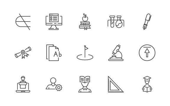 distance learning icon set with is not an element of, online test, book and, studying signs in flat outline style