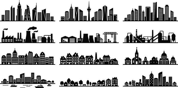 Large collection of city skyline silhouettes including industrial factories residential houses skyscrapers and suburban town buildings for urban design