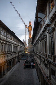 Uffizi Gallery corridor view toward Palazzo Vecchio, Florence