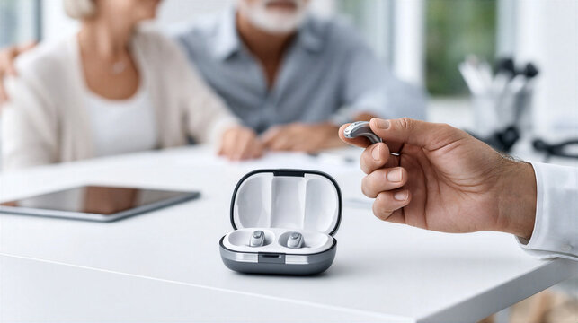 Medical Professional Exhibits Cuttingedge Hearing Technology To Aging Patients. Healthcare Provider Demonstrates Innovative Hearing Aids To Elderly Individuals In Clinical Settings