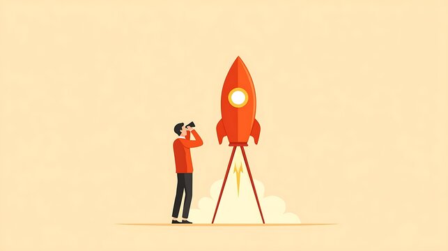 A man standing and looking through binoculars at a red rocket ship ready for launch