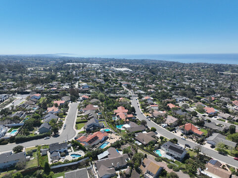 Aerial view of Wealthy Encinitas town in San Diego South California, USA. 
