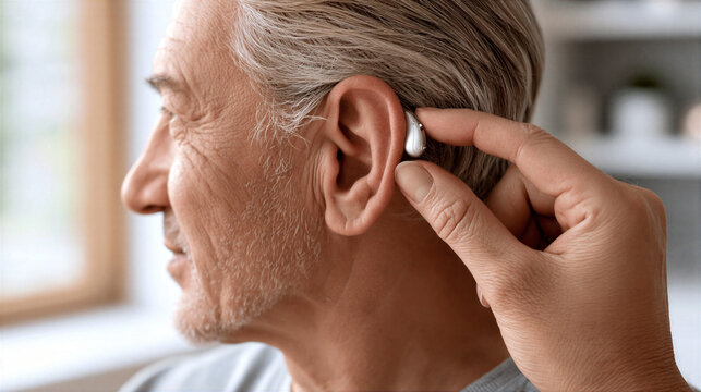 Senior Man During Audiology Appointment. Patient Receiving Ear Device In Clinic Setting. Elderly Gentleman Being Fitted With Hearing Aid In Medical Consultation Room