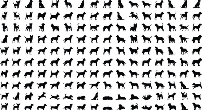 Mega collection of dog silhouettes featuring various breeds in multiple poses like running jumping sitting and rolling set