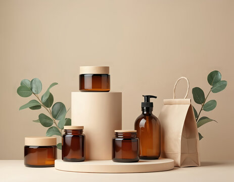 Amber glass jars and pump bottle with wooden lids on beige stands. Eco friendly skincare packaging with green leaves and paper bag. Natural cosmetics product arrangement.