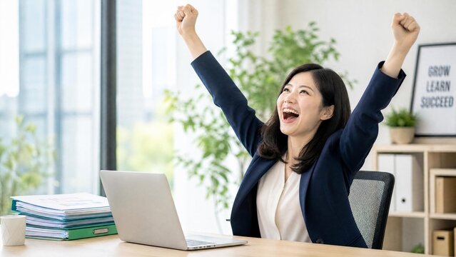Happy Asian Businesswoman Celebrating Success in Office with Laptop