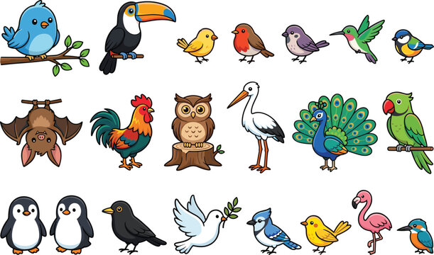 Cute colorful bird collection with owl peacock parrot penguin flamingo and tropical cartoon animals vector illustration