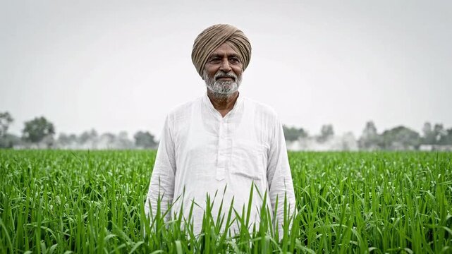 Elderly farmer with a turban standing in a lush green wheat field under an overcast sky, embodying rural life and agriculture