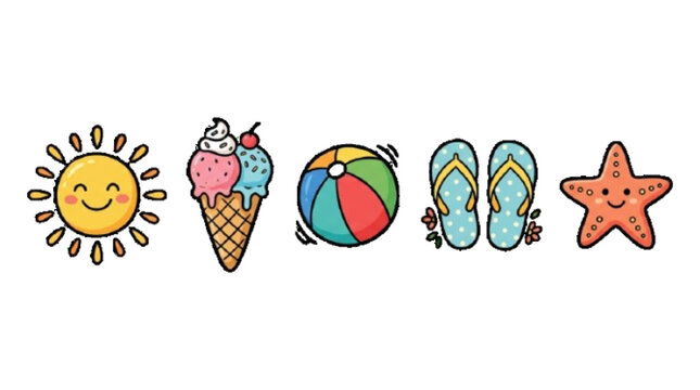 cute summer doodle icon set, smiling sun ice cream beach ball flip flop starfish, vector line art, white background

