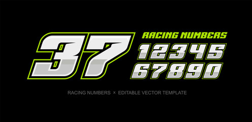 Bold Racing Numbers set in sports style dynamic typography for racing cars livery branding, sport signs and Sportswear apparel print design - editable vector template © VRTX