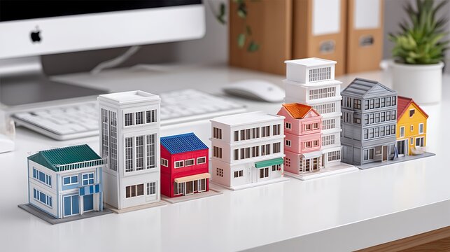 A row of colorful miniature building models arranged on a white desk in front of a computer