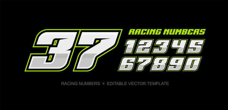 Bold Racing Numbers set in sports style dynamic typography for racing cars livery branding, sport signs and Sportswear apparel print design - editable vector template