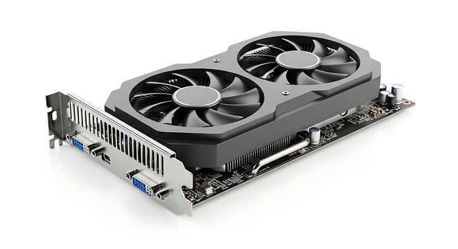 A computer graphic card with two cooling fans on a white background in a studio setting view from the side ai generated