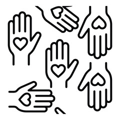 Fototapeta premium Vector illustration of hands with hearts, symbolizing love and care, isolated on white background