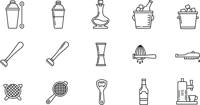Bar Tools and Cocktail Equipment Line Icon Set Featuring Shakers Strainers Muddler Glasses Jiggers and Drink Makers for Bartenders