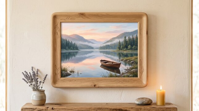 rustic wooden framed mountain lake landscape painting above minimalist wooden shelf with candle and eucalyptus