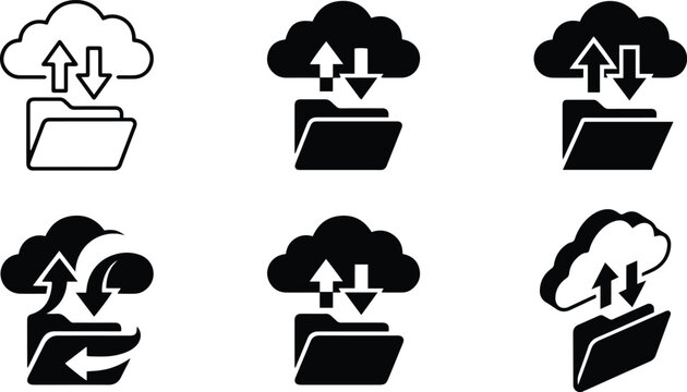 Cloud folder upload download icon collection showing file transfer backup storage sharing synchronization and document management in black white vector