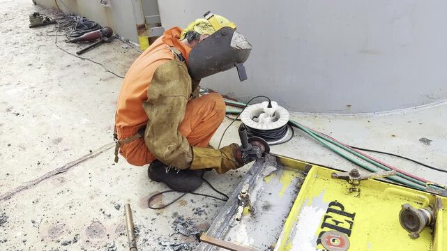 welder at work. ship fitter use electrical grinder for repair metal door. sparks. scintilla. grinder polish. metal cut.