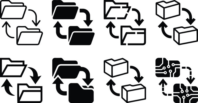 Folder exchange file transfer icon set showing document synchronization package movement data sharing and digital workflow in black white vector