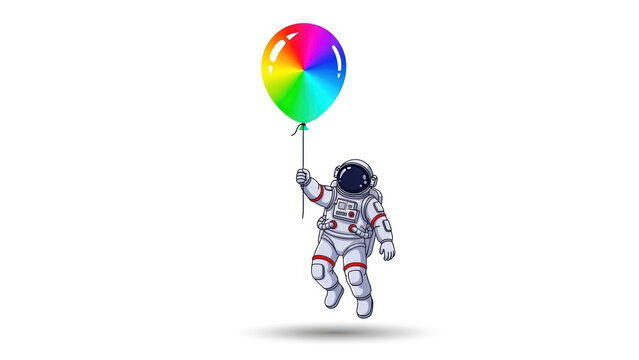 Astronaut gracefully floats in space holding a vibrant rainbow balloon, a whimsical journey beyond Earth
