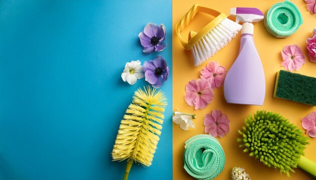 flat lay composition with cleaning supplies tools and spring flowers on colorful background