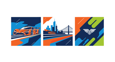 Naklejka premium Sports Car Racing and Cityscape Graphic Set