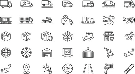 Fototapeta premium Complete logistics and shipping line icon set featuring delivery trucks, packages, and transportation symbols for ecommerce