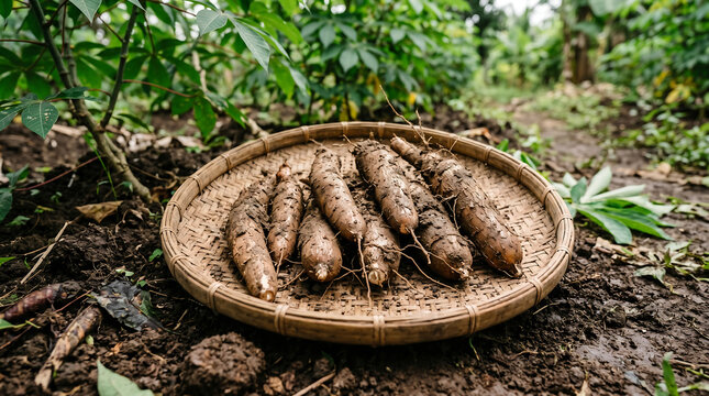 Freshly Harvested Cassava Roots on a Woven Plate ai generated
