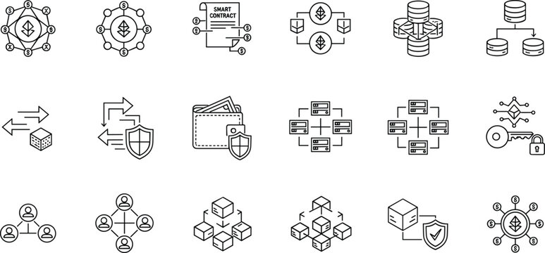 Set of Blockchain, Cryptocurrency, and Smart Contract Icons in Line Art Style for Digital Currency, Security, and Network Systems