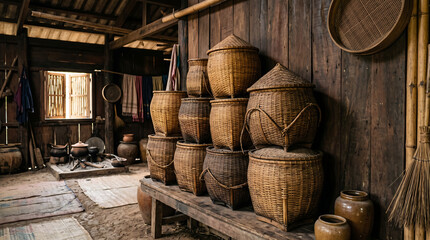 Fototapeta premium Collection of Woven Baskets and Pottery in Rustic Storage Area ai generated