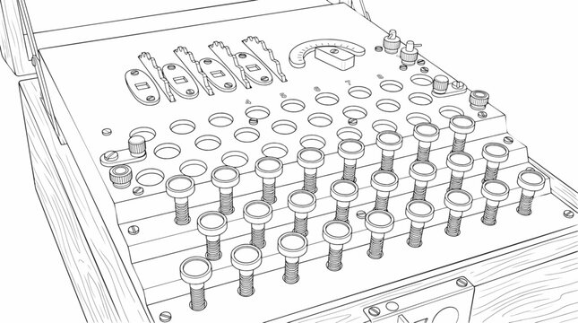 Vintage Enigma Cipher Machine Vector Illustration, Technical Black and White Line Art of a WWII Cryptography Device for Historical, Intelligence and Cybersecurity Design