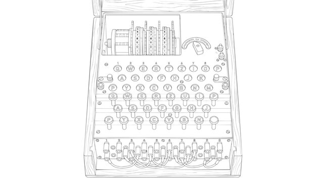 Detailed Enigma Cipher Machine Vector Illustration, Historical World War II Cryptographic Device Line Drawing with Rotors and Plugboard, Technical Top-Down Perspective