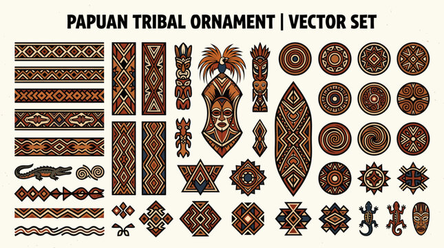 Vector set of Papuan tribal ornaments with ethnic geometric patterns and traditional indigenous motifs in bold decorative style.