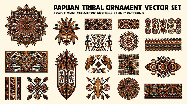Papuan tribal ornament vector set featuring traditional geometric motifs, ethnic patterns, tribal masks, and decorative cultural symbols in earthy red and brown tones.