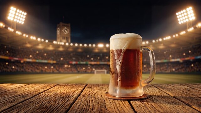 Cold Dark Beer Mug Froth Football Stadium Pitch Night Lights Sports Watch Party