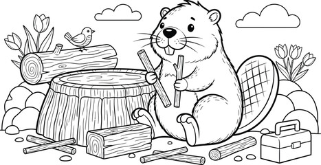 Beaver building dam coloring page for kids © Shafiqx
