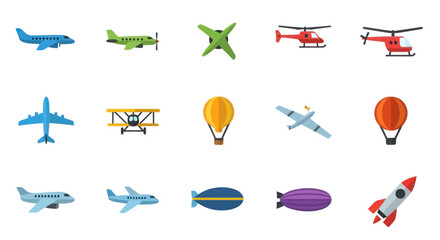 Aircraft, Helicopter, Hot Air Balloon, and Rocket Icons for Aviation and Travel © Heri_s99
