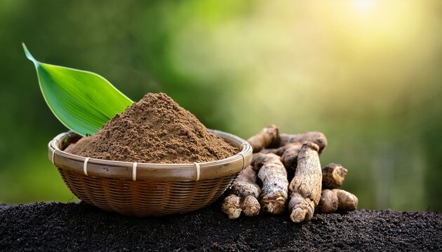 black galingale or kaempferia parviflora rhizomes and powder on natural background