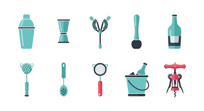 Cocktail Bar Tools Collection: Shaker, Jigger, Strainer, Muddler, Ice Bucket