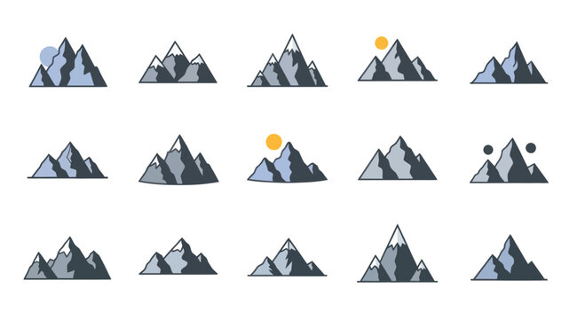 Mountain Icons: Snowy Peaks, Sun, and Clouds - Nature Landscape Set