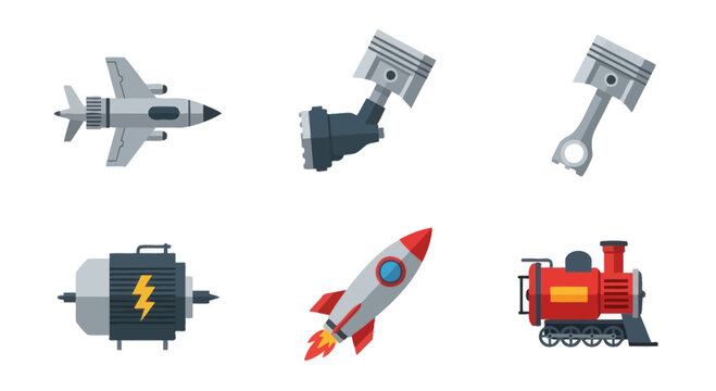 Airplane, Piston Engine, Rocket, and Train Icons for Technology and Transport