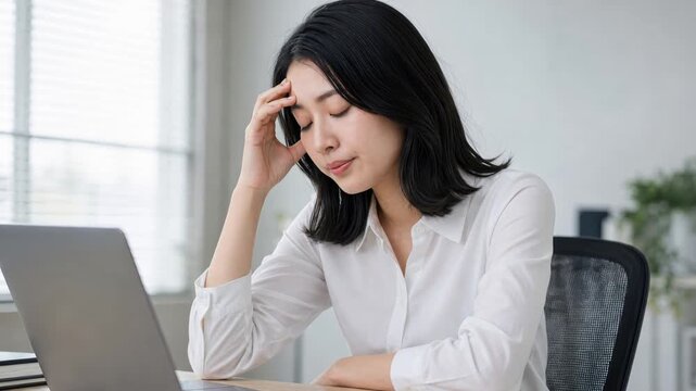 パソコン前でこめかみに手を当てる疲れた女性